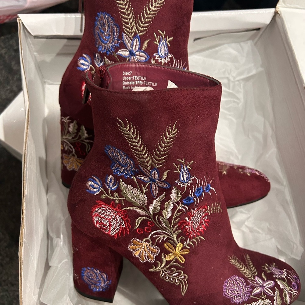 Embroidered Burgundy Ankle Boots